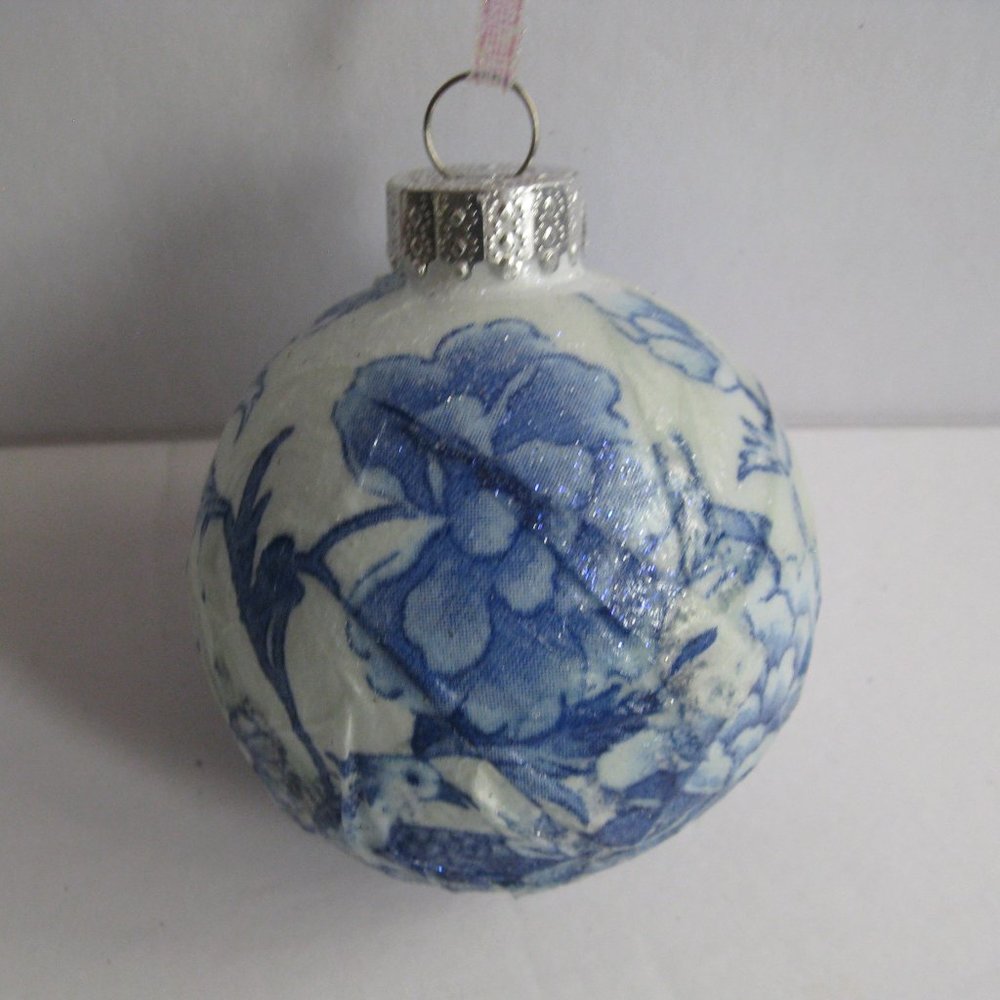 Unique Treasures (UT) Glass Christmas Ornament Blue Chintz Chinoiserie Style